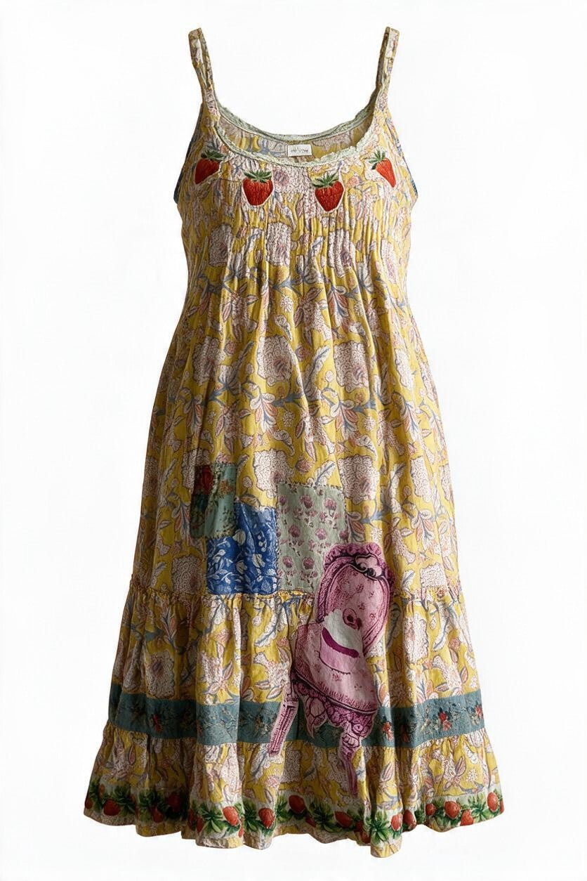 Trestles Clothing Company golden cotton maxi dress with strawberry embroidery, boho patchwork, and adjustable straps.